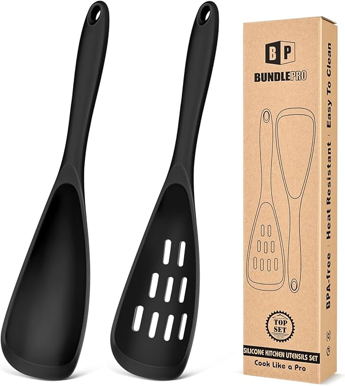 Pack of 2 Cooking Spoons for Non Stick Cookware, Multifunction Spatula Spoon BPA-Free, One-Piece Design, Suitable for Scooping, Scraping, Serving and Mixing(BLACK)