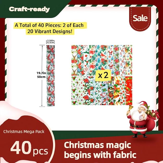 40 Pcs Precut Christmas Quilting Fabric Strips | 20 Designs, Pinking Edge Prevents Fraying | 2.5x19.7 Inch for DIY Craft & Sewing