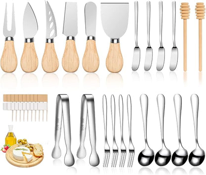 LifeMusican Charcuterie Board Accessories Wooden Cheese Spreader Knive Set, Wood Handle Butter knives For Cheese Kit, Mini Cheese Knife Slicer With Tongs, Spoons, Forks,Honey Dipper (23 Pack)