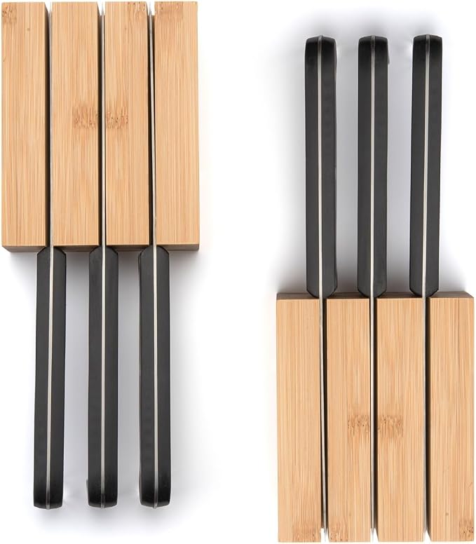 Purawood Premium Bamboo Knife Block Inserts – 2 Pack – Compatible Expandable Drawer Organizer & Utensil Organizer, Cutlery Tray with Dividers for Kitchen Utensils & Flatware (Natural)…
