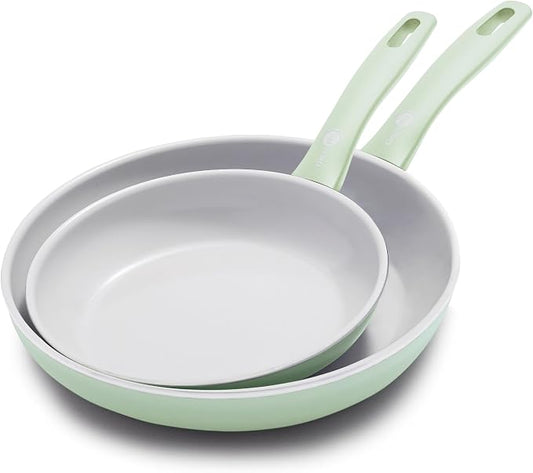 GreenPan Dover 8” & 10” 2 Piece Frying Pan Skillet Set, Non-Toxic PFAS-Free Ceramic Nonstick Coating, Sear Saute Fry Egg Omlete, Dishwasher & Oven Safe, Stay Cool Handle, Easy Pour Rims, Pastel Green