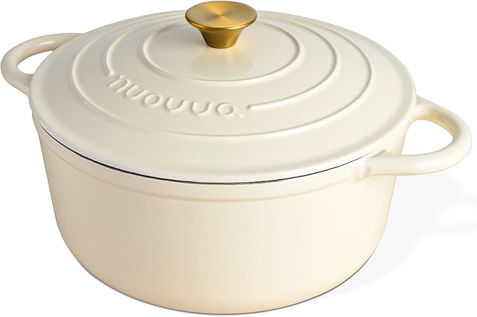 Nuovva Enamelled Cast Iron Dutch Oven Pot with Lid-6.4 Quart Non Stick Casserole Pot-Heavy Duty & Oven Safe up to 500° for Bread Baking, Braising, Stews, Roasting - 28cm Cream
