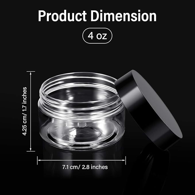 SATINIOR 24 Pieces Empty Clear Plastic Jars with Lids Round Storage Containers Wide-Mouth for Beauty Product Cosmetic Cream Lotion Liquid Butter Craft and Food (Black Lid, 4 oz)