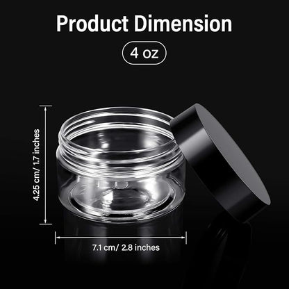 SATINIOR 24 Pieces Empty Clear Plastic Jars with Lids Round Storage Containers Wide-Mouth for Beauty Product Cosmetic Cream Lotion Liquid Butter Craft and Food (Black Lid, 4 oz)