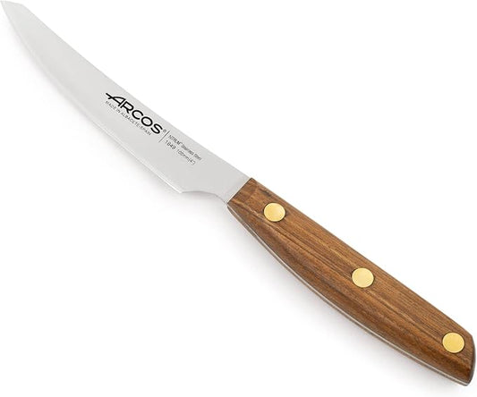 Arcos Steak Knife 4 Inch Stainless Steel. Kitchen Knife for Fish, Meat and Vegetables. Ovengkol Wood Handle 100% natural FSC and 100mm Blade. Series Nordika. Color Brown.