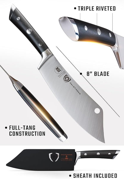 Dalstrong Chef & Cleaver Knife - 8 inch - The Crixus - Gladiator Series Elite - German HC Steel - Hybrid Razor Sharp Kitchen Knife - Black G10 Handle - w/Sheath - Chef Knife - NSF Certified