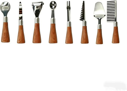 HIFIND 8PCS Stainless Steel Kitchen Gadget Set with Wood Grain Handles - Round Bottle Opener, Straight/Y Peelers, Fruit Scoop, Fruit Corer, Fruit Corer, Fruit Scaler, Cheese Spatula, Dough Cutter
