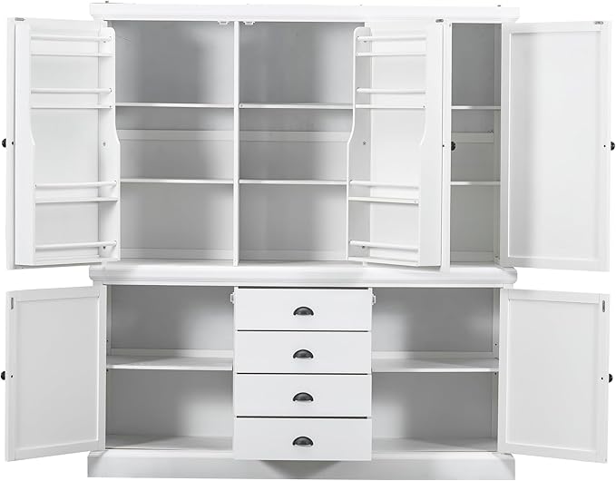 VilroCaz Freestanding Large Kitchen Pantry, Wooden Kitchen Organizers and Storage Kitchen Cabinet with 4 Drawers, Cupboard, 5 Doors, Adjustable Shelves for Dining Room (White-3.15)
