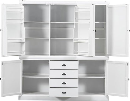 VilroCaz Freestanding Large Kitchen Pantry, Wooden Kitchen Organizers and Storage Kitchen Cabinet with 4 Drawers, Cupboard, 5 Doors, Adjustable Shelves for Dining Room (White-3.15)