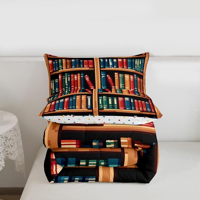 Manfei Bookshelf Comforter Set King Size,Anime Bookcase Theme Down Alternative Adults Bedroom Decor,Pixelated Pixel Style Games Ultra Soft Microfiber Inner Fill 3Pcs Bedding