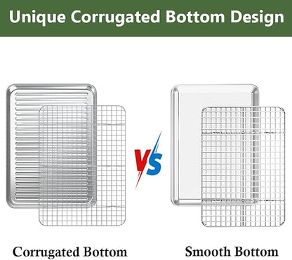 Rottay Aluminum Free Stainless Steel Baking Sheet & Cooling Rack Combo - 12.4 x 9.6 x 1 inch, Corrugated Surface, Firmly Welded Cooling Rack