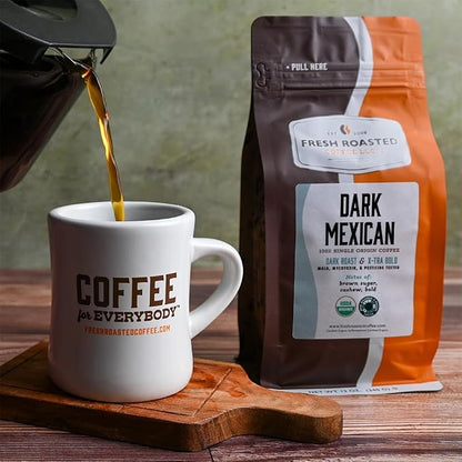 Fresh Roasted Coffee, Organic Dark Mexican Whole Bean Coffee, Dark Roast, USDA Organic, 3rd Party Tested for Mold, Mycotoxin & Pesticides, Kosher, 12 oz