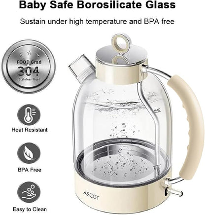 ASCOT Electric Kettle, Glass Electric Tea Kettle for Men/Women/Family 1.5L 1500W Borosilicate Glass Tea Heater, with Auto Shut-Off and Boil-Dry Protection (Beige)