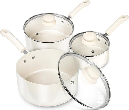 MICHELANGELO Nonstick Saucepan with Lid, Ceramic Sauce Pan Sets, Easy to Clean Sauce Pans, Multi-Purpose Cooking Pots, 1QT & 2QT & 3QT, White