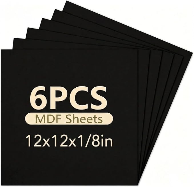 6 Pack Colored MDF Boards for Laser Engraving, 12x12x1/8 (3mm) Unfinished Fiberboard for Laser Cutting, DIY Craft Projects, Home Decor, Sign Making, Woodworking (Black)