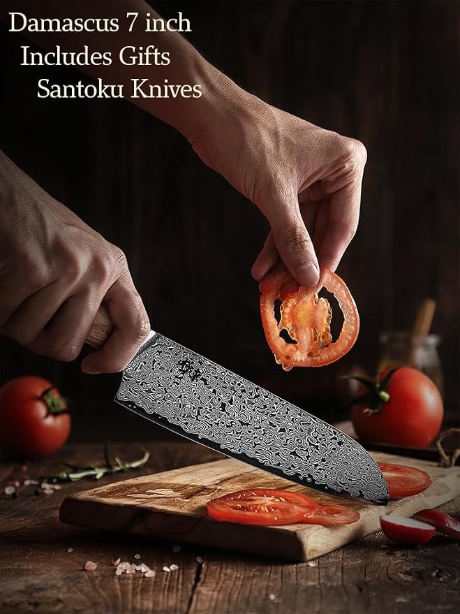 DONGSUN 7 Inch Damascus Santoku Knife with North American Black Walnut Sheath, 67-Layer VG10 Forged Steel Japanese Kitchen Knife, Professional Durable Sharpness