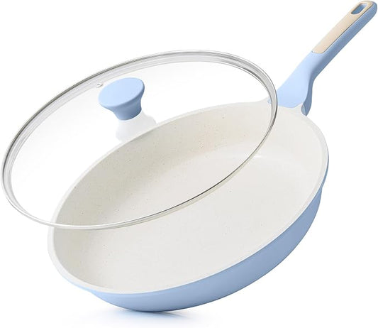 SENSARTE Nonstick Ceramic Frying Pan with Lid 12.5 Inch Cooking Pan Skillet, Free of Intentionally Added PFAS/PTFE Non-toxic Chef's Pan Induction Compatible Pan, Heat Resistant Handle, Glacier Blue