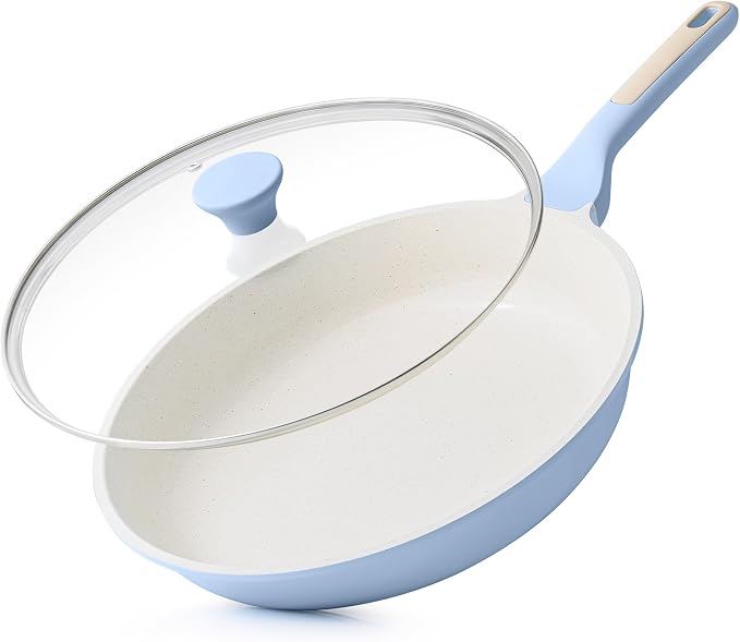 SENSARTE Nonstick Ceramic Frying Pan with Lid 11 Inch Omelet Pan Skillet, Free of Intentionally Added PFAS/PTFE Non-toxic Chef's Pan Induction Compatible Pan, Heat Resistant Handle, Glacier Blue