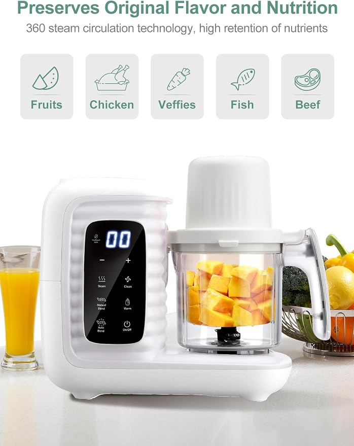 MOMYEASY Baby Food Maker, Multifunction Processor Chopper Grinder, Baby Food Steamer and Puree Blender in-One, with Bottle Warmer, Auto Cooking & Grinding with Touch Control Panel