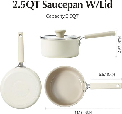 Redchef Ceramic Nonstick Saucepan with Lid, 2.5QT Small Cooking Pot, Non Toxic Sauce Pans for Kitchen, Cool Handle PFAS Free Compatible with All Cooktops, White