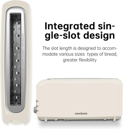 SEEDEEM 2 Slice Slim Toaster, Single 10" Long Slot Toaster Fits Bagels & Artisan Bread, 6 Shade Settings, Cancel/Reheat/Defrost, Removable Crumb Tray, Auto Shut-Off, Ivory