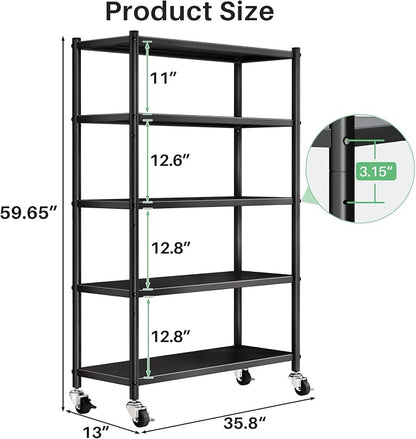 PXRACK Metal Shelving for Storage, 5 Tier Adjustable Kitchen Storage Shelves with Wheels, Shelving Unit Bookshelf Utility Shelf Metal Storage Rack for Garage Pantry Closet Laundry, 35.8"x13"x59.65"