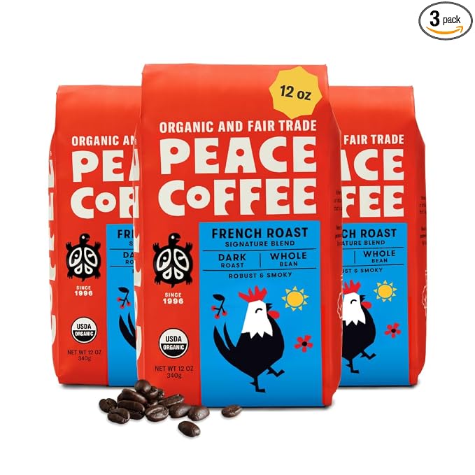 Peace Coffee French Roast Whole Bean Coffee, Dark Roast, 12 oz, Pack of 3, Organic Fair Trade, Nutty, Bold Flavor, Shade Grown, Fresh Roasted