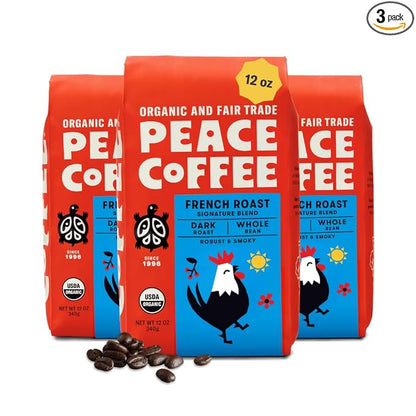 Peace Coffee French Roast Whole Bean Coffee, Dark Roast, 12 oz, Pack of 3, Organic Fair Trade, Nutty, Bold Flavor, Shade Grown, Fresh Roasted