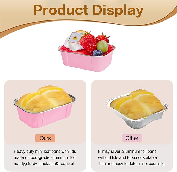 Mini Cake Pans With Lids And Spoons,5.5 oz Rectangle Mini individual Loaf Pans Disposable Aluminum Foil Small Baking Cups Tins (100, Pink)