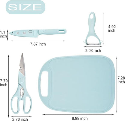 Magicorange Travel Cutting Board Set, 4 Pcs Portable Mini Camping Plastic Cutting Board Set & Stainless Steel Knife with Sheath, Fruits & Vegetable Peeler Scissors (Blue)