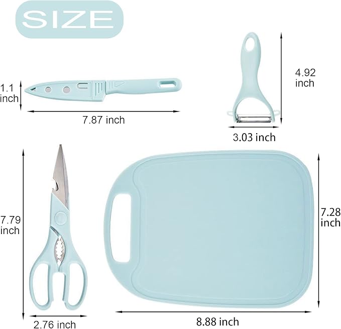 Magicorange Travel Cutting Board Set, 4 Pcs Portable Mini Camping Plastic Cutting Board Set & Stainless Steel Knife with Sheath, Fruits & Vegetable Peeler Scissors (Blue) (Pack of 2)