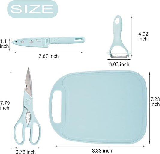 Magicorange Travel Cutting Board Set, 4 Pcs Portable Mini Camping Plastic Cutting Board Set & Stainless Steel Knife with Sheath, Fruits & Vegetable Peeler Scissors (Blue) (Pack of 2)