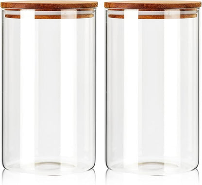 Labina Glass Storage Container Airtight Food Jars Kitchen Canister with Wood Lids, 81 Oz Wide Mouth Pantry Organization Glass Jar for Flour, Sugar, Cookie, Spagetti, Nuts and Candy (2 Pack)