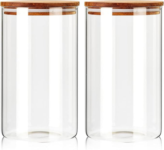Labina Glass Storage Container Airtight Food Jars Kitchen Canister with Wood Lids, 81 Oz Wide Mouth Pantry Organization Glass Jar for Flour, Sugar, Cookie, Spagetti, Nuts and Candy (2 Pack)