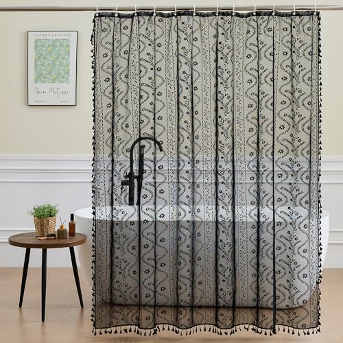 WAZZIO Black Lace Shower Curtain - Vintage Pretty Floral Sheer Shower Curtains Goth, Decorative Tassel Bath Curtains for Bathroom, 72 x 72 Inch, 1 Panel