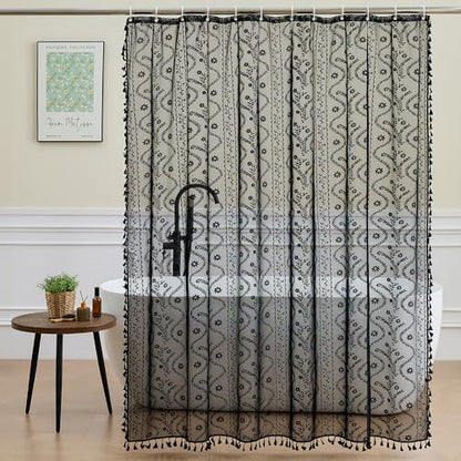 WAZZIO Black Lace Shower Curtain - Vintage Pretty Floral Sheer Shower Curtains Goth, Decorative Tassel Bath Curtains for Bathroom, 72 x 72 Inch, 1 Panel