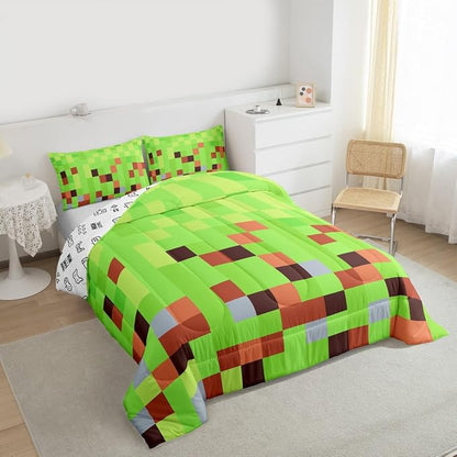 Pixelated Blocks Comforter Set,Gamepad Miners Video Games Bedding Set Kids Teens Modern Bedroom Decor,Geometric Camouflage Grid Comforter with 1 Pillowcase for All Seasons,Twin Size,Green Brown