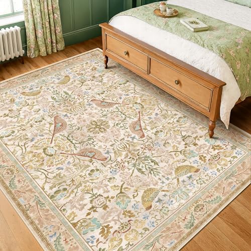 Washable Area Rugs 5x8 for Bedroom - Western Nature Rugs for Living Room, Dining Room,Playroom, Guest Room with Boho Beige Neutral Botanical & Bird Pattern, Non Slip Stain Resistant Low Pile