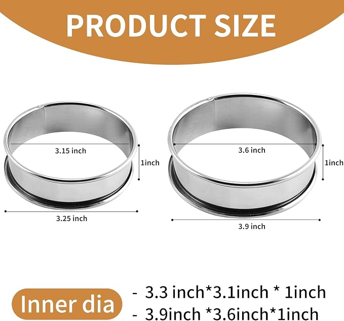 RICHSC-PAN Crumpet Rings, 10Pack English Muffin Ring, Outer diameter 4 Inch+3.2Inch Food-Grade Stainless Steel Tart Rings. More Convenient to Take the Food of The Bakery Ring Mold.