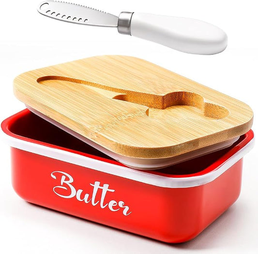 Butter Dish, Butter Dish with Lid for Countertop,Metal Butter Keeper with Stainless Steel Multipurpose Butter Knife, Large Butter Container with quality Silicone Good Kitchen Gift,Red