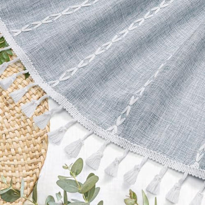 Boho Striped Tassel Linen Shower Curtain,3D Embroidery Stripe Blue,54x78