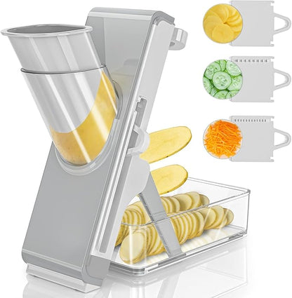 Eletronova Safe Mandoline Slicer for Kitchen, Vegetable Slicer with Container, French Fry Cutter, All in 1 Julienne Slicer for Potato, Thickness Adjustable, Detachable Blade (Gray)