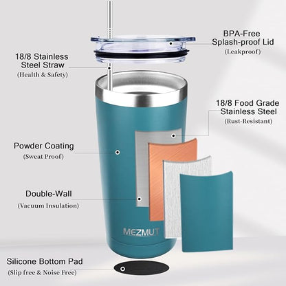 MEZMUT 20oz Tumbler Coffee Travel Mug with Daul Lid and Straw, Stainless Steel Double Wall Vacuum Spill Proof Insulated Tumbler, Hot or Iced Coffee Cups for Drinks (1Pack, Maya Blue)
