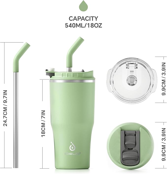 IDEUS Insulated Tumbler with Lid and Straw 18 oz, Stainless Steel Double-Wall Vacuum Leak-Proof Travel Coffee Mug, Cup Holder Friendly, Avocado Green