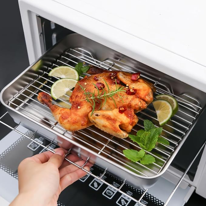 2-in-1 Stainless Steel Baking Sheet with Cooling Rack, Food Grade Oven Pan, Oven Safe, Warp Resistant, Heavy Duty, Easy Clean, Dishwasher Safe, for Baking, Roasting, Cooling, Draining Oil
