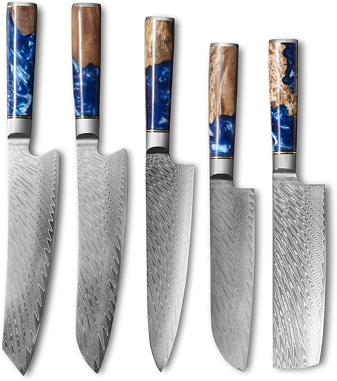 Real Damascus Steel Santouku Knife VG-10 Core Japanese Steel Kitchen Knives for Meat & Vegetable, Cooking Cutlery with Sheath