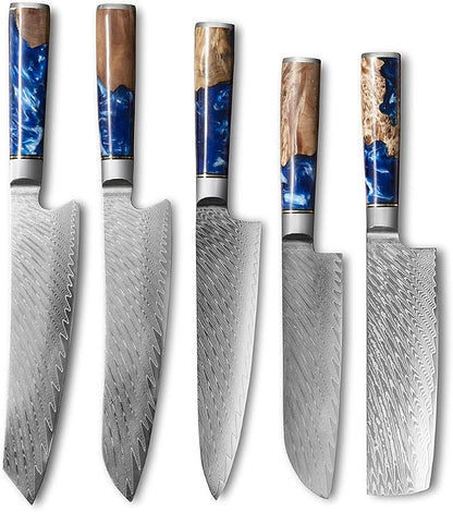 Real Damascus Steel Santouku Knife VG-10 Core Japanese Steel Kitchen Knives for Meat & Vegetable, Cooking Cutlery with Sheath