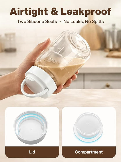 CLEANGOR 4 Pack 32 oz Glass Salad Jars Meal Prep Containers, Leakproof Mason Jars with Handle, 3 Built-in Divider Cups Wet/Dry Separation for Dressing Nuts Dry Ingredients, Ideal for Office Lunch Gym