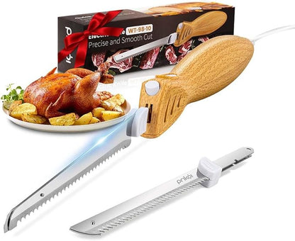 Prikoi Electric Knife - Carving Knife Set, Easy-Slice Serrated Edge Blades for Meat, Bread, Turkey, Ribs, Fillet, DIY, Ergonomic Handle + 2 Blades for Raw & Cooked Food New Upgrade(Faux Wood)