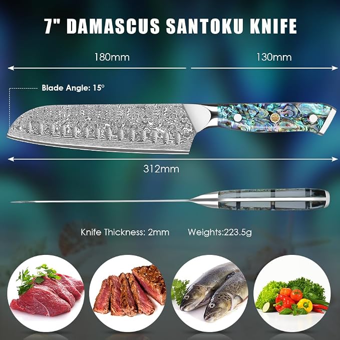 Home Safety Damascus Santoku Knife, 18cm Chef's Knifes Made of 67 Layers of VG-10 Damascus Steel, Full Tang Razor Sharp Kitchen Knife with Ergonomic Abalone Shell Handle, Gift Box